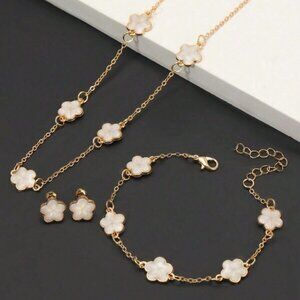 18K Gold Filled White Mother of Pearl Clover Jewelry Set (Necklace, Bracelet & E